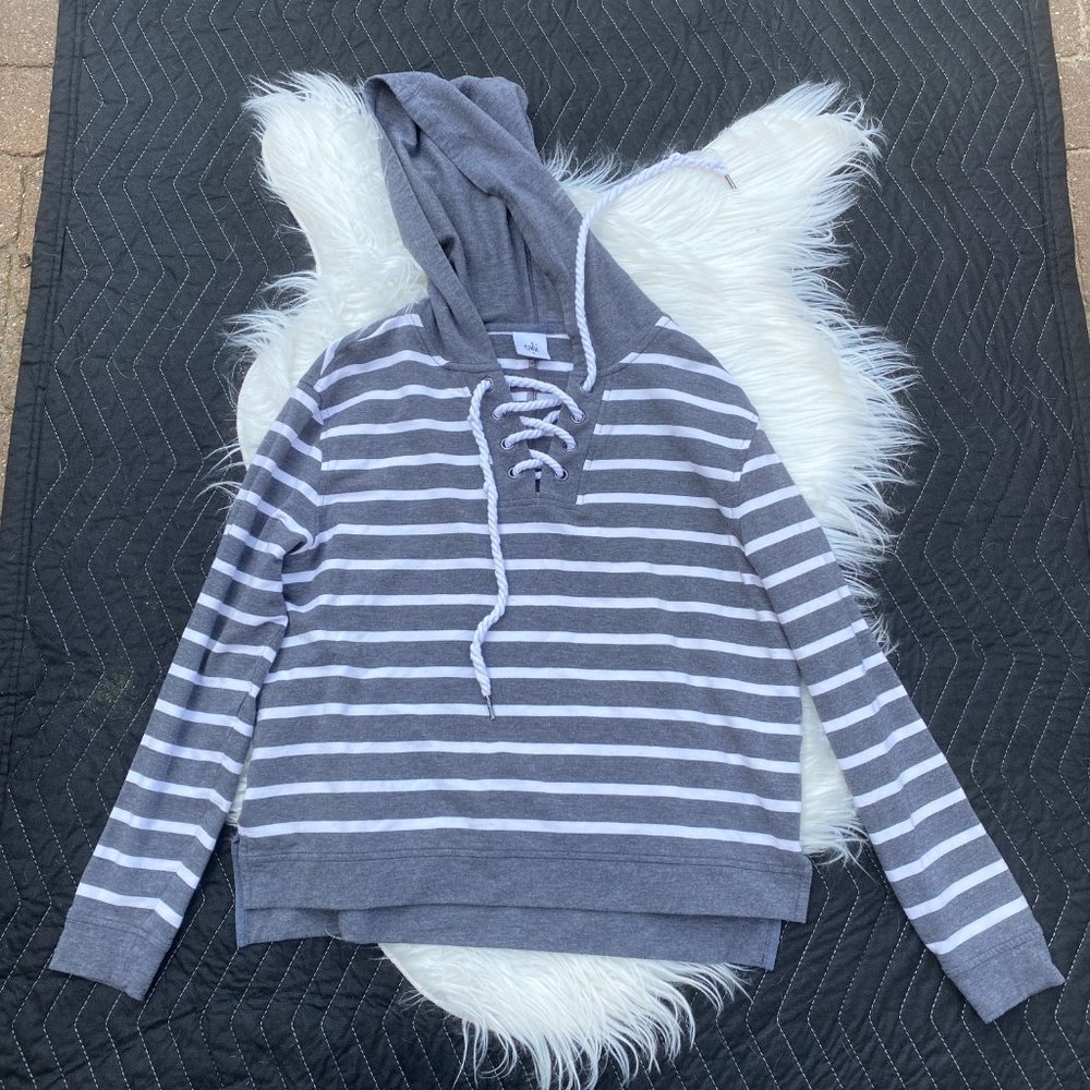 Cabi Winward Stripe Hoodie Style 5324 Gray White - Picture 2 of 6